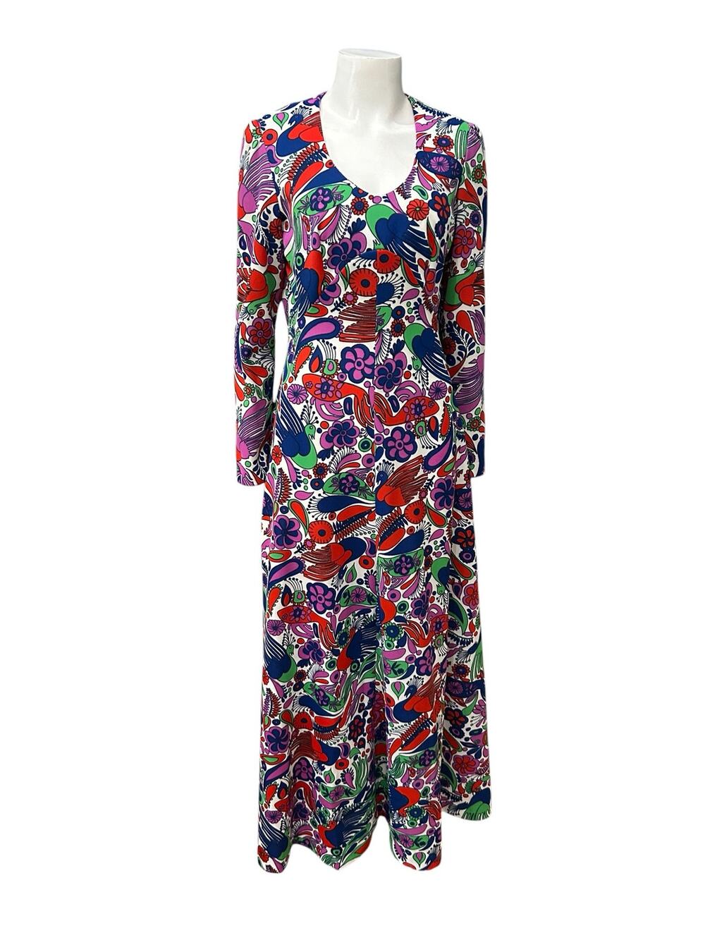 Vintage 1970s Psychedelic Bird Print Maxi Dress Mod Boho Poly Knit S/M -